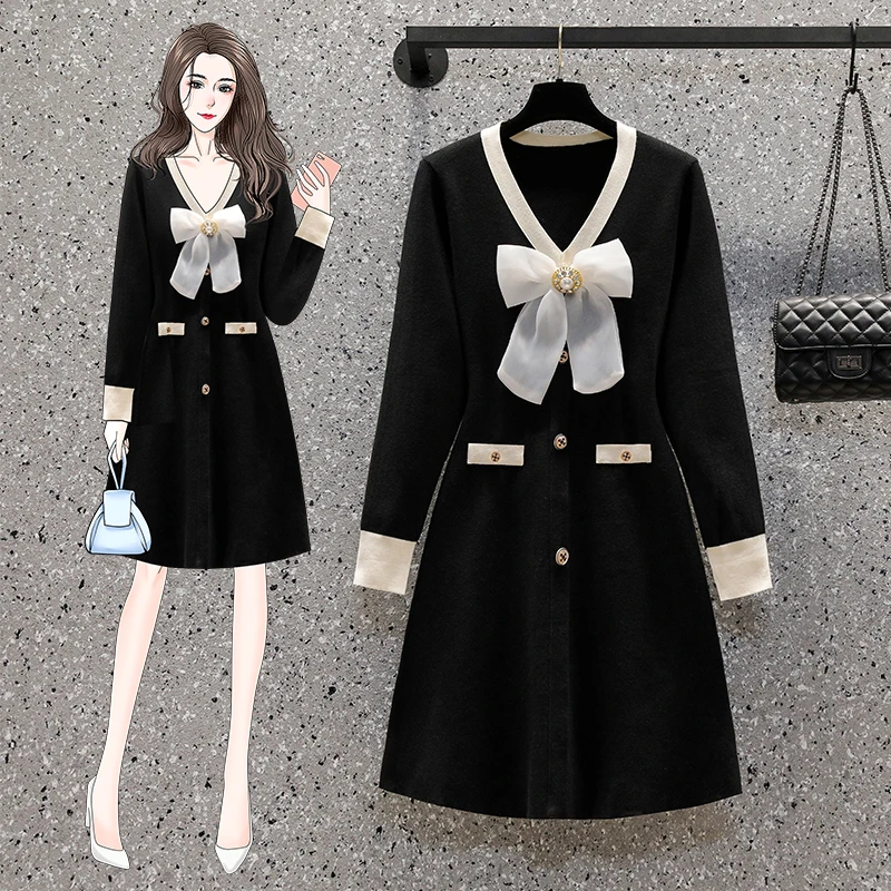 

Women's 2022 Spring Autumn A-line Midi Retro Bow Sweet Dress Female V-neck Preppy Style Dresses Ladies Elegant Vestidos 4XL P08