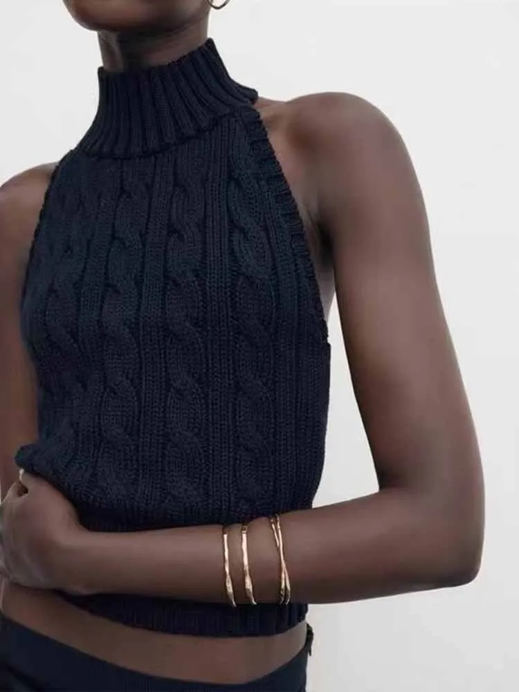 

Women New Fashion Twisted flower decoration backless Slim Cropped Sweater Vest Vintage halter Neck Female Waistcoat Chic Tops