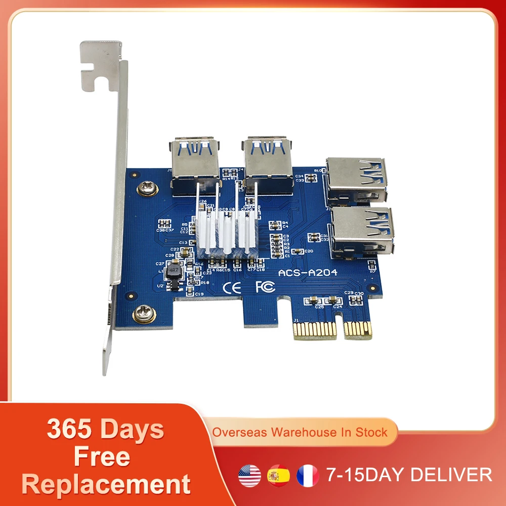 

VER009S PCI-E PCIE Riser Card 1X 4X 8X 16X Extender Adapter 1 to 4 USB 3.0 Multiplier Hub for BTC ETH Mining Miner