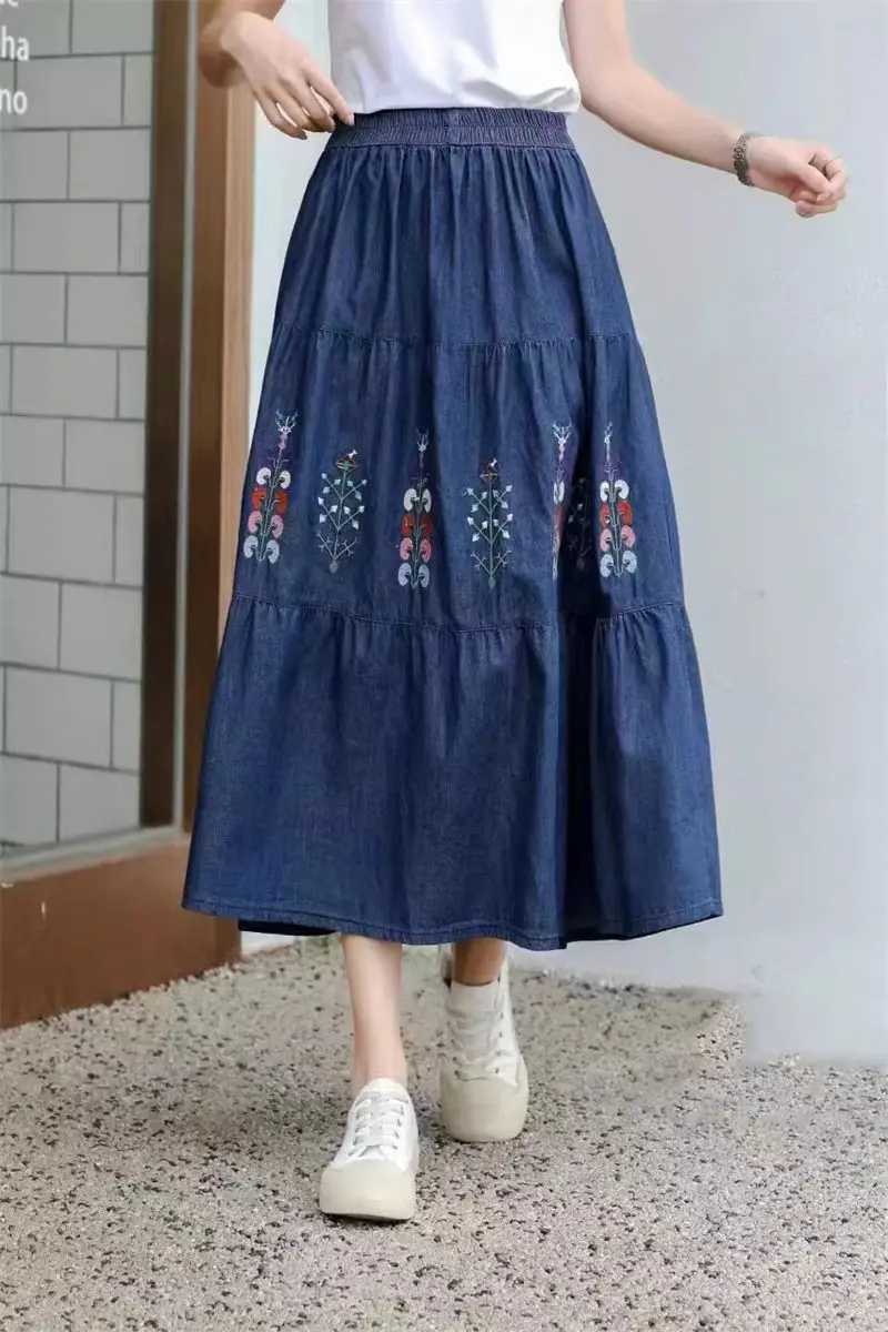 

Embroidery Denim Skirt Big Size 2023 Summer Elastic High Waist A-Line Umbrella Skirt Women Casual Loose Jeans Saias Midi Z2287