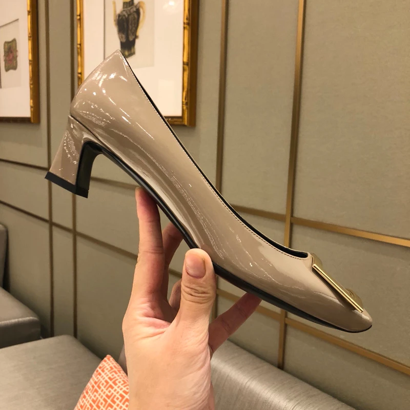 Net Red Patent Leather Square Buckle Single Shoes Women's Thick Heels, Medium Heels and Square Toe High Heels 2022 Spring New