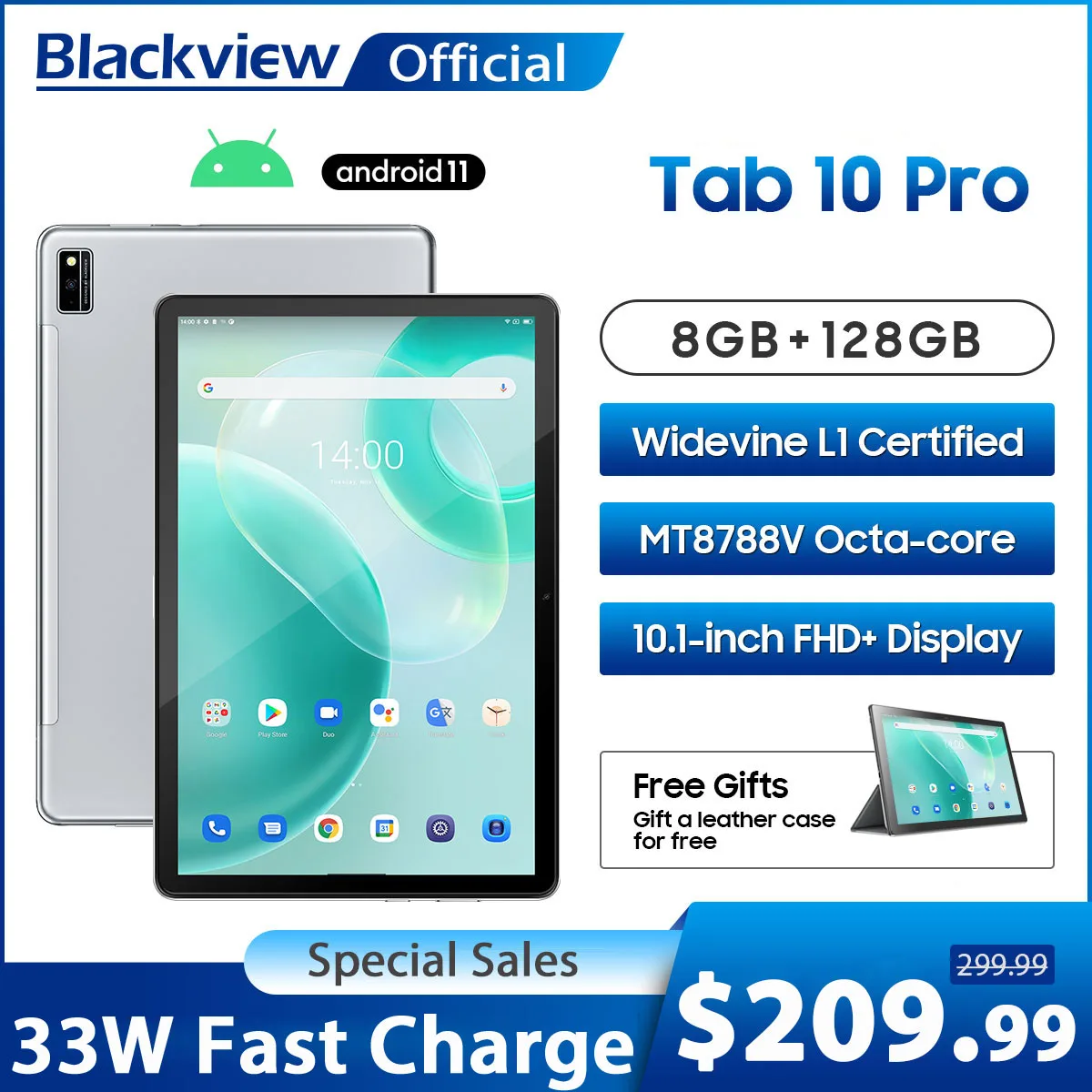 Blackview TAB 10 Pro 10.1 Inch Tablet 8GB RAM 128GB ROM 1200x1920 Android 11 6580mAh 30W Fast Charging Dual 4G LTE WIFI Table PC