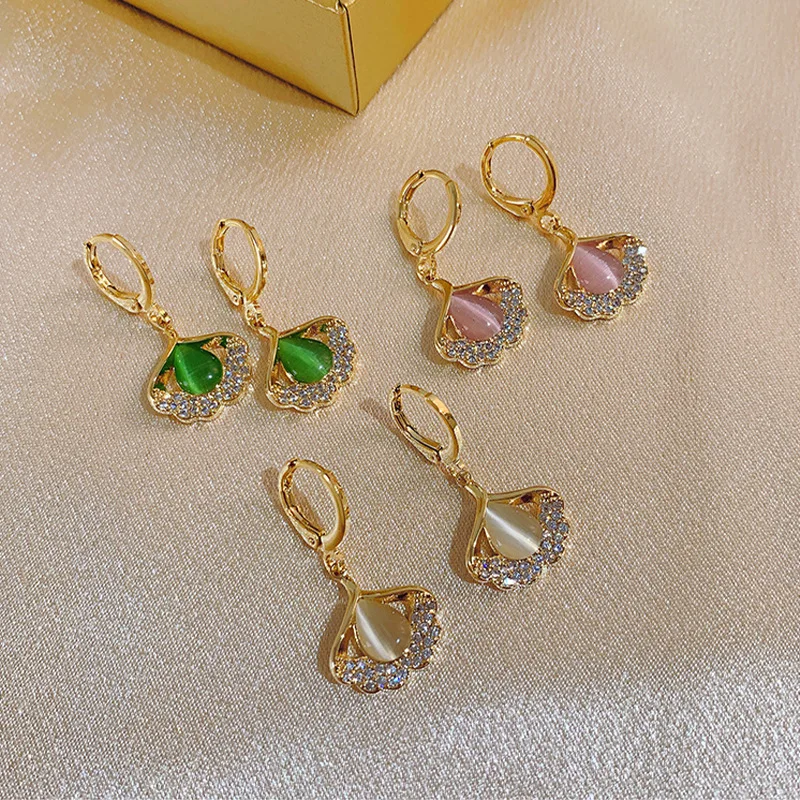 

Minar Trendy Sparkly Opal Ginkgo Biloba Earring for Women Girls Gold Color Metal Leaf Long Hoop Earrings Every Day Party Jewelry