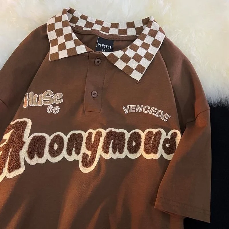 

2022 Summer Punk Goth Vintage Plaid POLO Collar Graphic T Shirts Retro Brown Harajuku Oversized Couples Tees Students Large 2XL