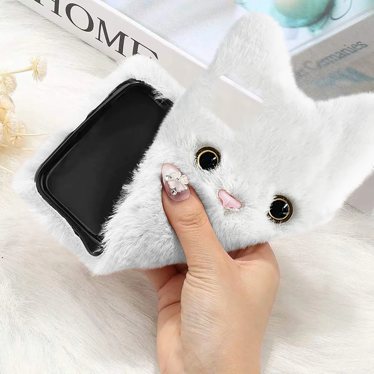 

Cute Fluffy Girly Case Iphone 11 Kitty 3D Furry Kawaii Gift 3D Stuffed Plush Cover Women Soft Rabbit Fur Phone Shell Animal