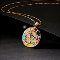 hot selling bohemian fashion colorful cubic zircon round eyes pendant necklace oil dripping round disc eye necklace women