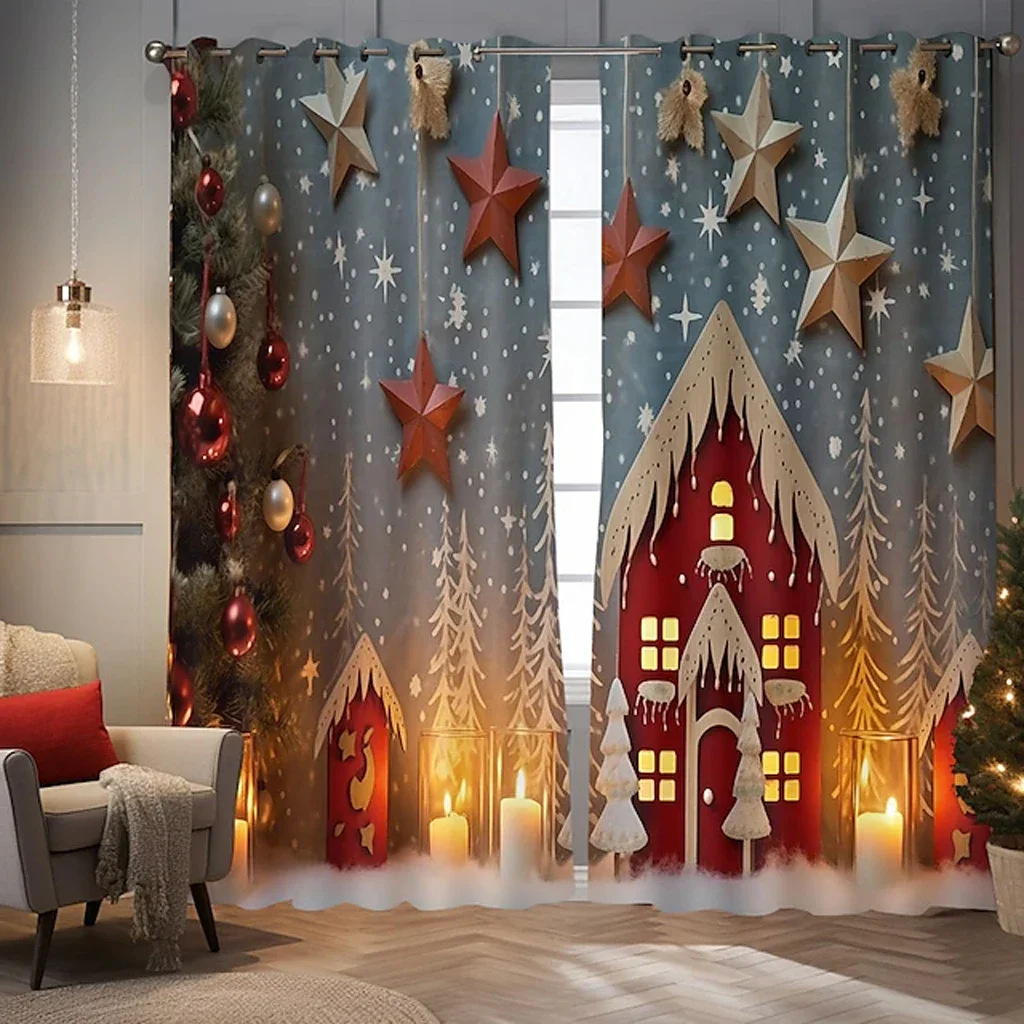 Dreamy Winter Landscape Curtains Christmas Snow Deer Print Drapes Holiday Living Room Bedroom Decor 2 Panels Set