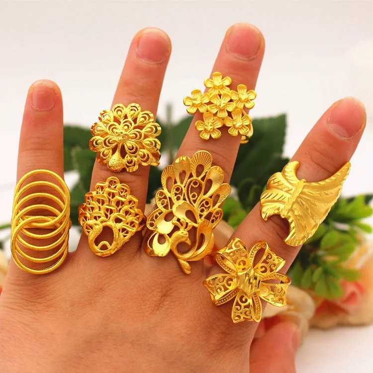 

Fashion Brass Gold Plated Jewelry Vietnam Sand Gold Opening Women Large Peacock Flower Imitation Gold Ring Bridal Jewelry