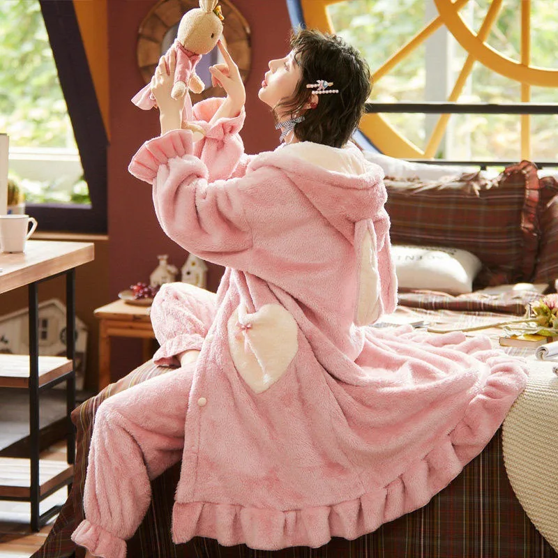 Thick Flannel Pajamas Set Winter Warm Coral Fleece Plush Nightgown Loose Cartoon Rabbit Animal Nightgown Suit Women's Sleepwear