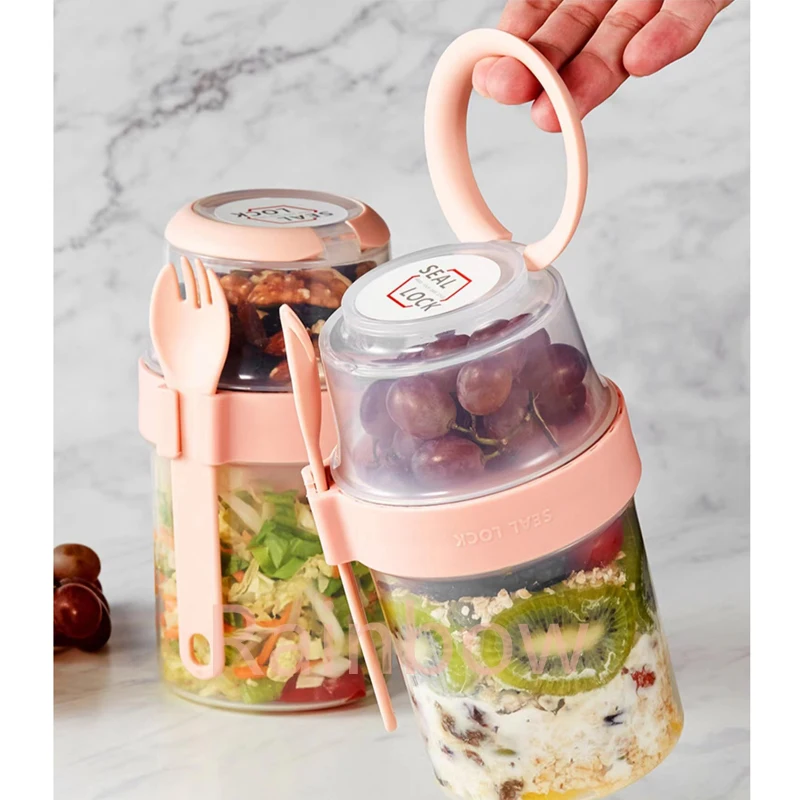 

Portable Breakfast Oatmeal Nut Yogurt Salad Cup Food Storage Box Seal Container Set 2-layer Crisper Cup with Fork Lunch Box