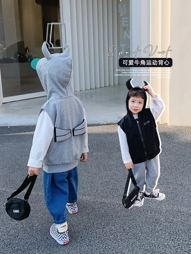 

Fangtangjia Children's Spring Clothes Boy Hooded Sports Vest Spring and Autumn Outer Wear 2022 New Casual Western Style Top