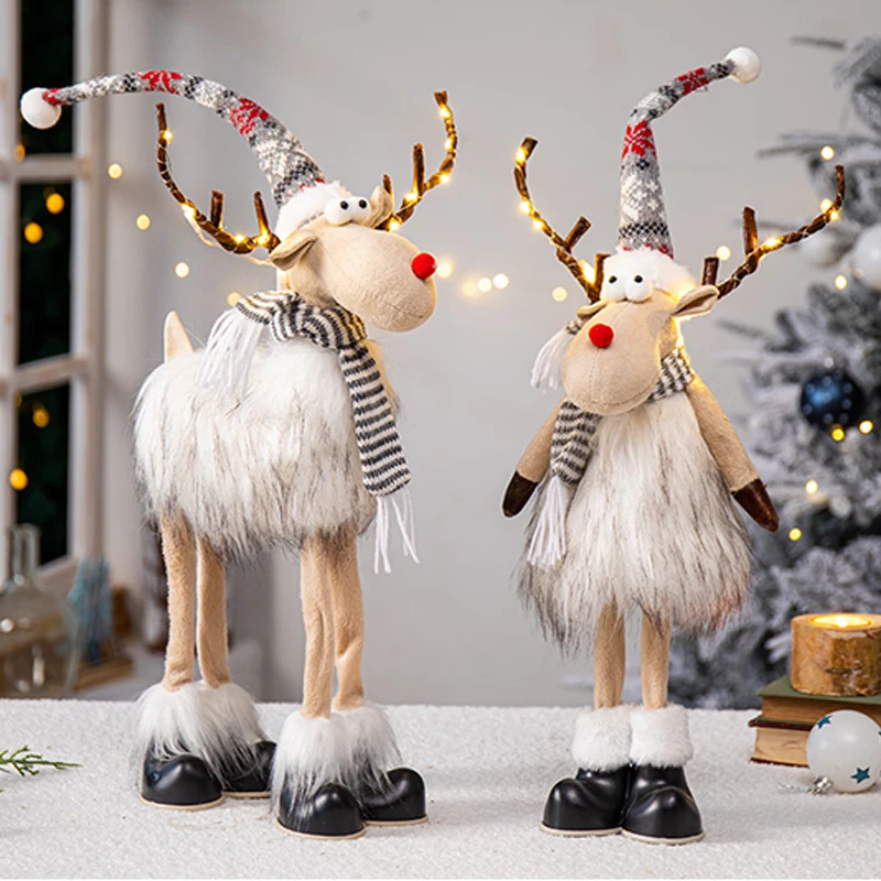 

Retractable Reindeer Doll with LED Lights Christmas Decoration Elk Plush Doll Toys Xmas Tree Ornaments New Year Figurines Gift
