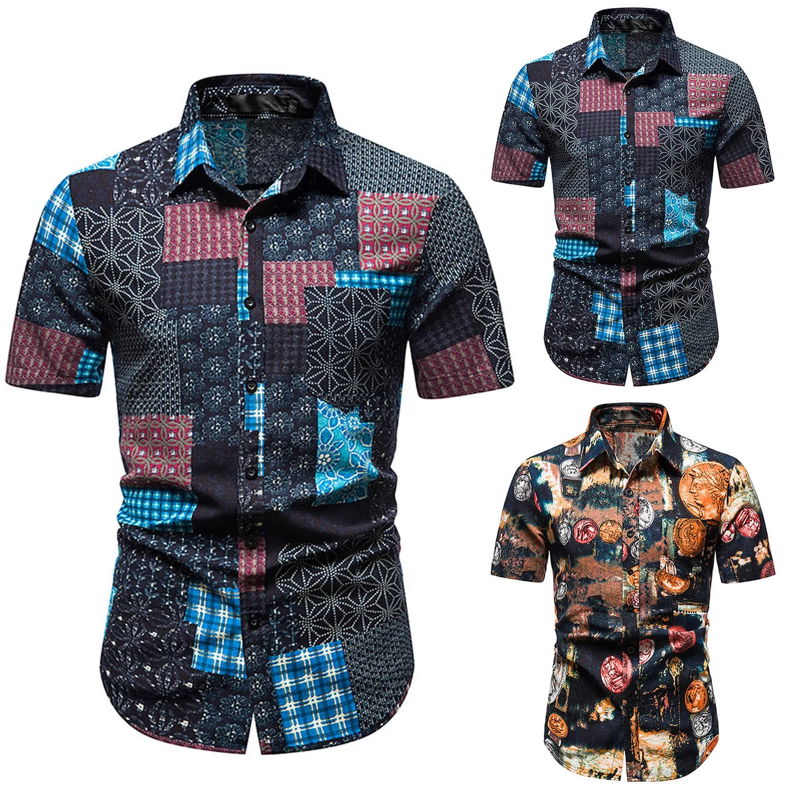 

Mens 3D Digital Printing Pocket Short Sleeve Shirt Mens Romper