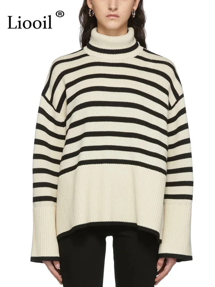 

Women Striped Turtleneck Sweater Streetwear Long Sleeve Loose Pullover Tops Female Jumper Autumn Winter Baggy Knitted Sweaters