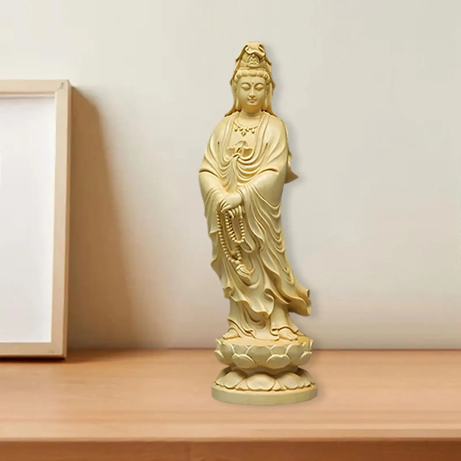 

Boxwood Guanyin Statue Buddhism Sculpture Meditation for Home Office Tea House Decoration