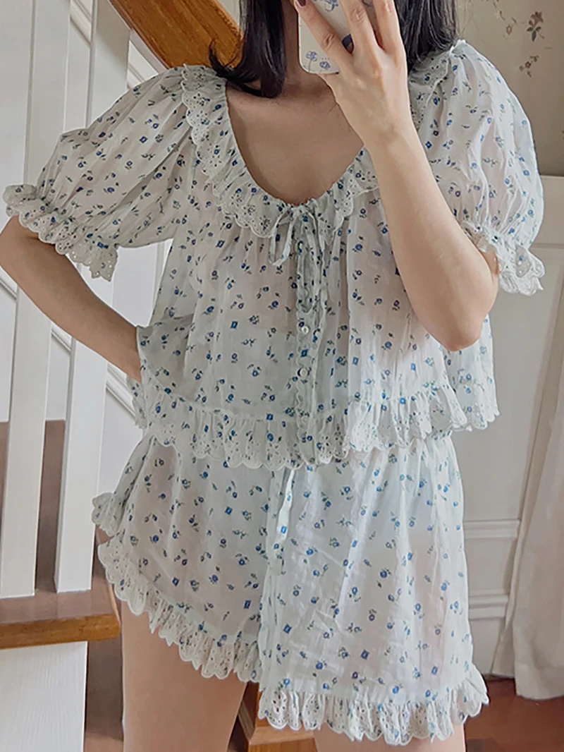 Women Summer Blue Rose Girl Sweet Ruffles Short Sleeve Home Sleepwear Lolita Pajamas Two Piece Sets Vintage Princess Loungewear
