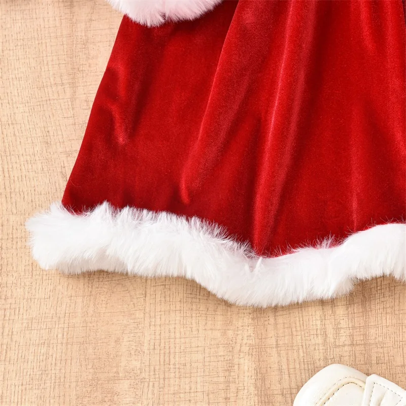 Blotona Little Girls Christmas Outfits Ruffled Long Sleeve Letter Print Velvet Terry Trim A-Line Dress with Santa Hat