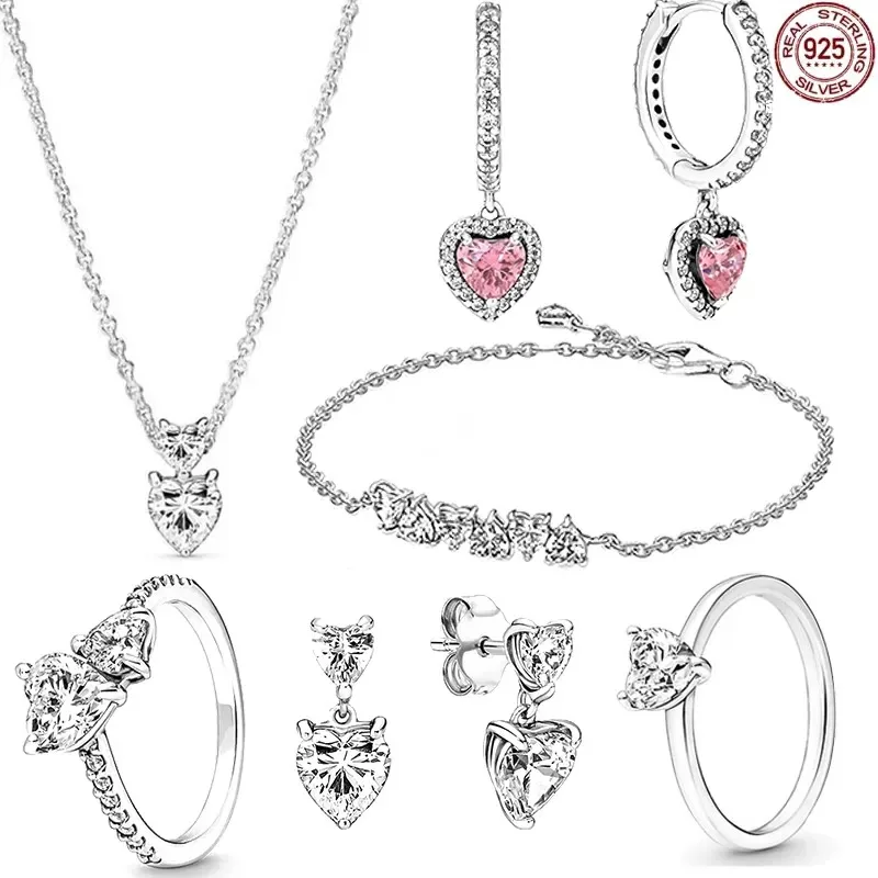 

New 925 Sterling Silver Exquisite Jewelry Set Pink Earrings Necklace Bracelet Ring Women's Birthday Commemorative Gift