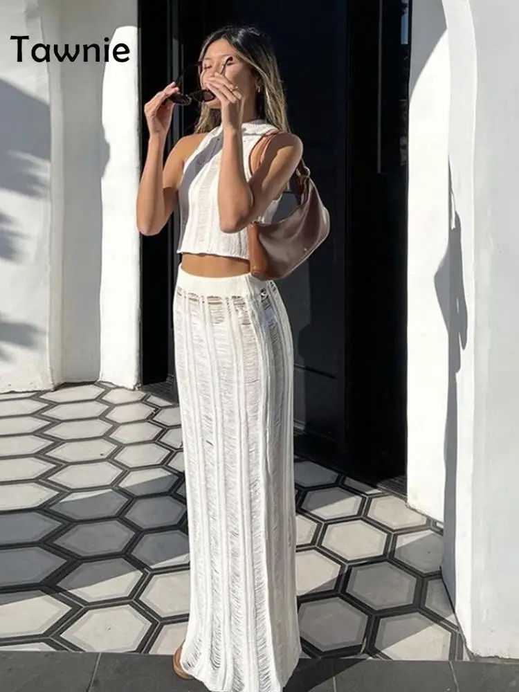 

Tawnie 2023 Summer Knitted Dress Sets Women Bodycon Hollow Out Crop Tops Midi Skirt 2 Piece Set Sexy Beach Outfits Y2K Clothing