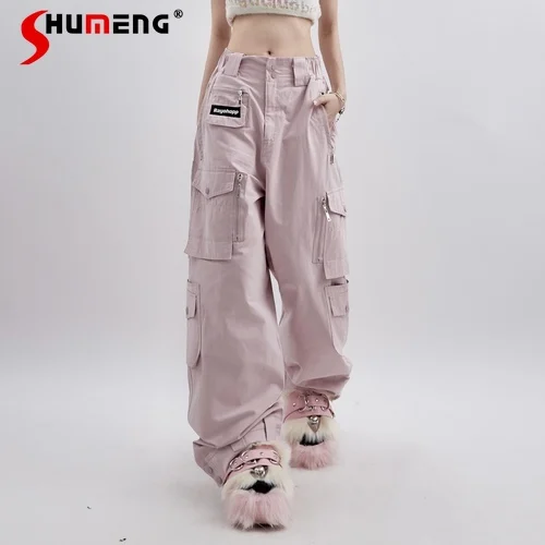 

Streetwear Women's Spring Summer Pink Overalls New Casual Fashion High Waist Pocket Decoration Straight Pants Femme Jeans