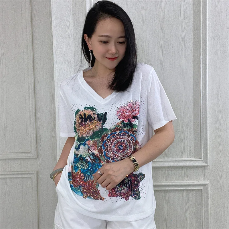 

Female Elegant Patchwork T Shirt Summer V Collar Tees Casual Loose Thin Short Sleeve Clothing Camisetas de verano para mujer