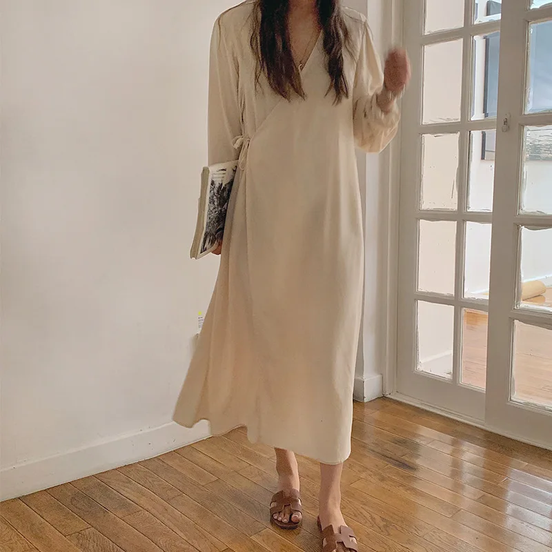 

Женское Хлопковое платье с V-образным вырезом, длинным рукавом и шнуровкой