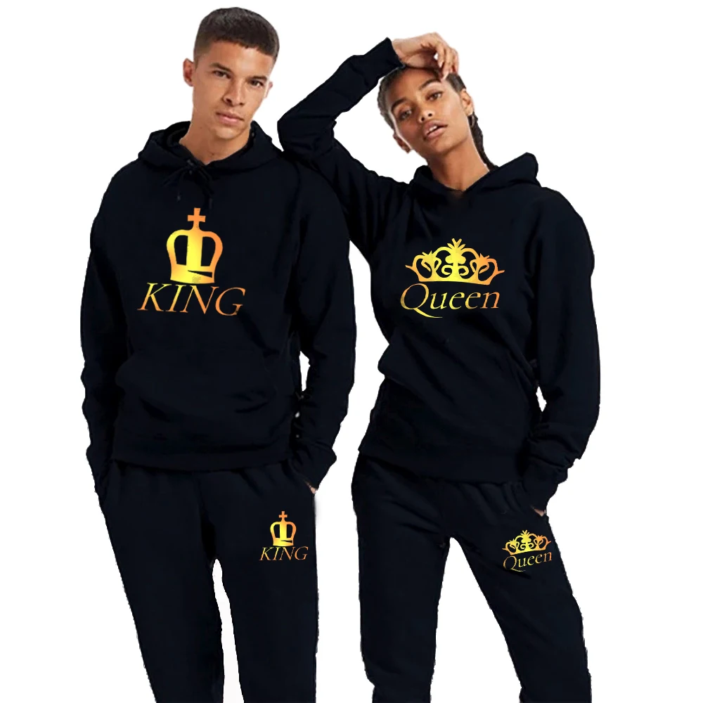 

Fleece Long Sleeve Sportwear Two-piece Set Casual KING QUEEN Printed Hooded Sweater Set Unisex Oversized Couple Sports Suits