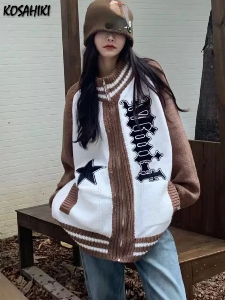 

Streetwear Vintage Zip Up Cardigan Women Korean Knitted Patchwork Sweater Coats 2023 Autumn New Gothic Punk Tops