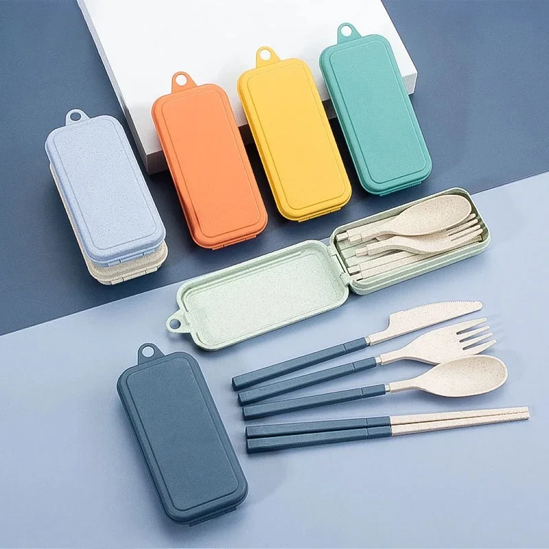 

4pcs Wheat Straw Dinnerware Set Portable Tableware Knife Fork Spoon Chopsticks Set Travel Cutlery Set Eco-Friendly Utensil Box