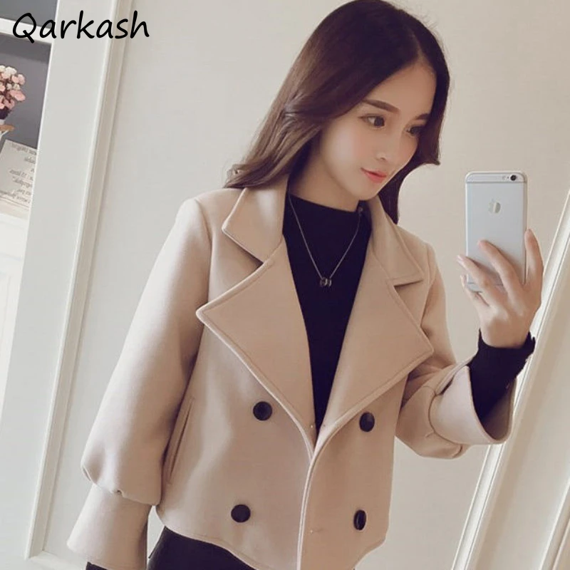 

Женское Укороченное пальто с отложным воротником, свободное двубортное зимнее утепленное пальто в Корейском стиле Харадзюку, простое винтажное пальто для отдыха в офисе