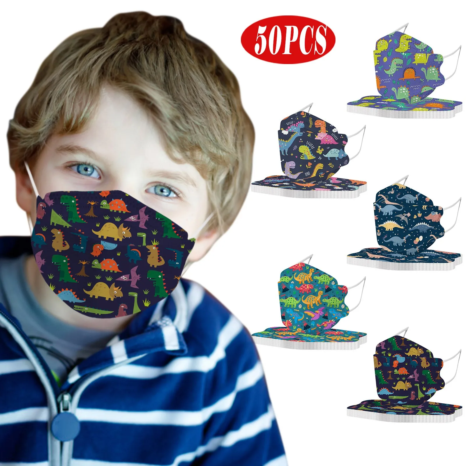 

50pc Children Protective Mask Cartoon Dinosaur Face Mask For Kids Child Girls 4ply Filter Pm2.5 Masks Earloop Bandage Facemas