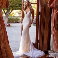 sexy spaghetti straps wedding dress lace appliques mermaid boho bridal gown backless tulle button sweep train vestido de novia