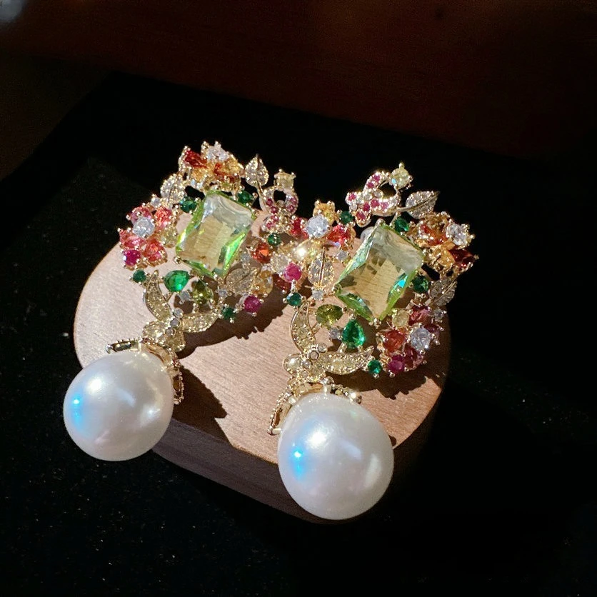 

Sparkling Multicolor Cubic Zirconia 925 Silver Drop Earrings Ladies Vintage Freshwater Pearl Pendant Dangles Banquet Jewelry