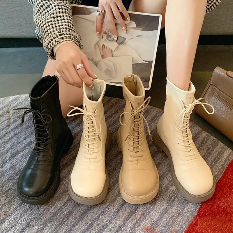

Flat Heel Shoes Lady Boots Boots-Women Round Toe 2022 Rubber Autumn Med Rock Ankle Cotton Fabric PU Rome Solid Slip-On Basic