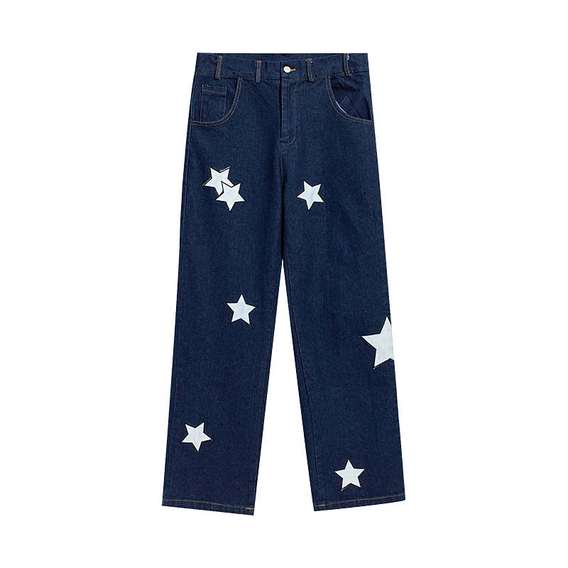 Four Seasons Men's Retro Hiphop Five-pointed Star Embroidered Standard Jeans Trend High Street Loose Straight Pants Ins Hot Sale