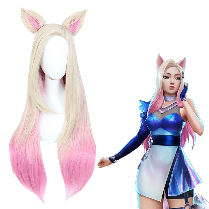 

Synthetic Hair KDA Baddest Ahri Cosplay Wigs LOL Ahri Cosplay Blonde Mixed Pink Wigs With Ears Heat Resistant Hair Role 80CM