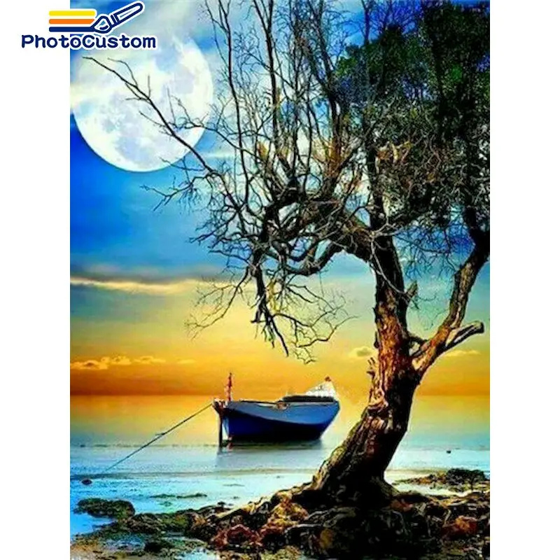 

PhotoCustom Coloring By Number Tree and Boat Kits For Adults Handpainted DIY Frame Drawing On Canvas Scenery Home Decor 60x75cm