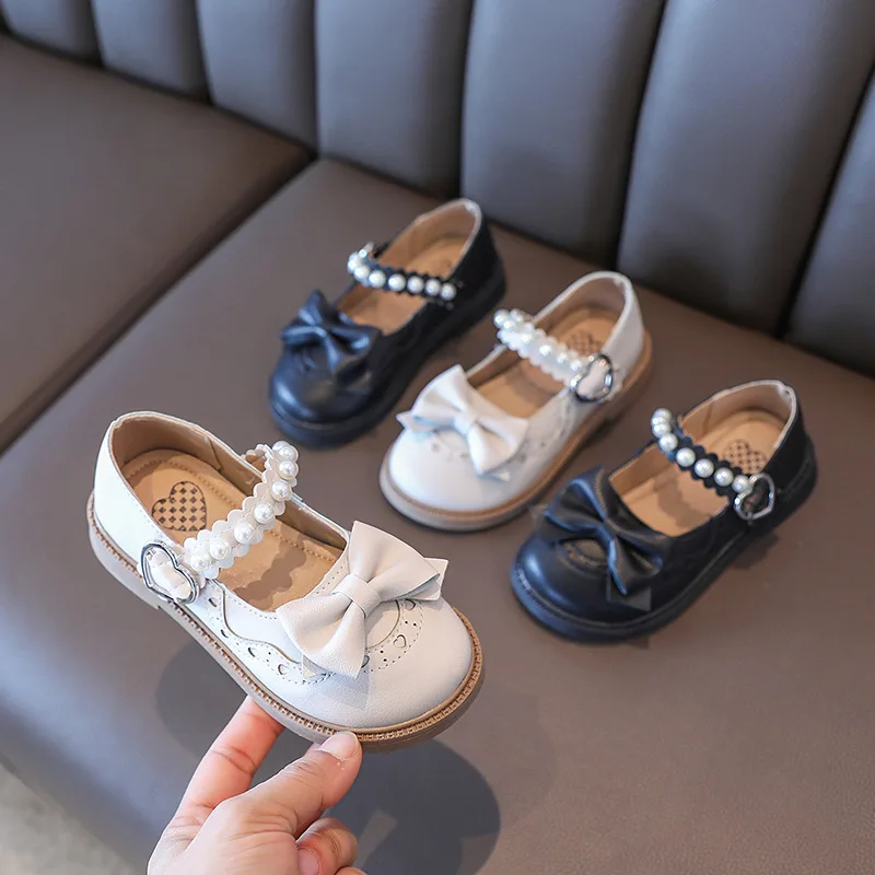 

Girls Leather Shoes Soft Sole Non-slip Little Girl Shoes Children Fashion Bow Pearl Kids Princess Shoes