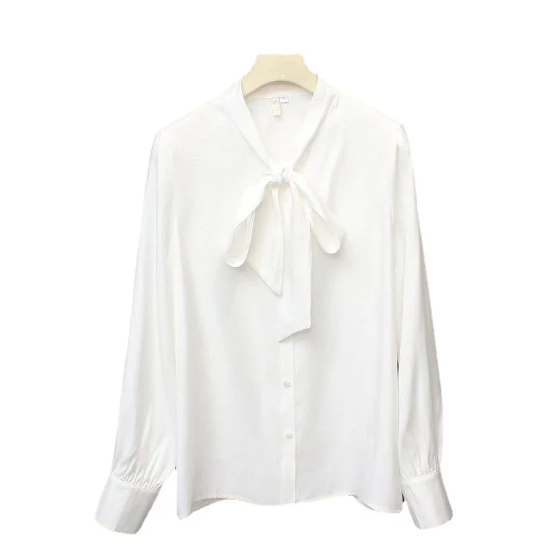 

Spring new temperament OL bow shirt women's long-sleeved satin shirt bright silk glossy imitation silk top