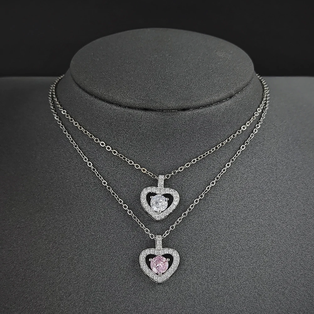 Розовое и серебряное ожерелье в форме сердца с подвеской-цепочкой для женщин