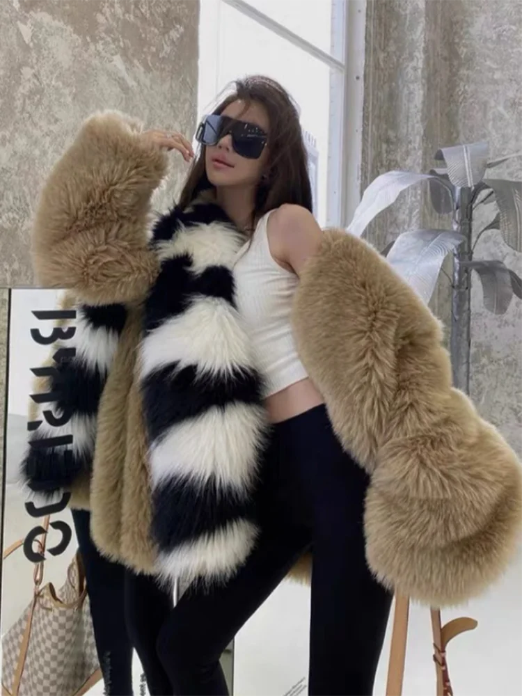 KBAT Patchwork Long Sleeve Faux Fox Fur Coat Women Winter Fashion Warm Fur Coats Outerwear Fake Fur Jacket Women Clothing