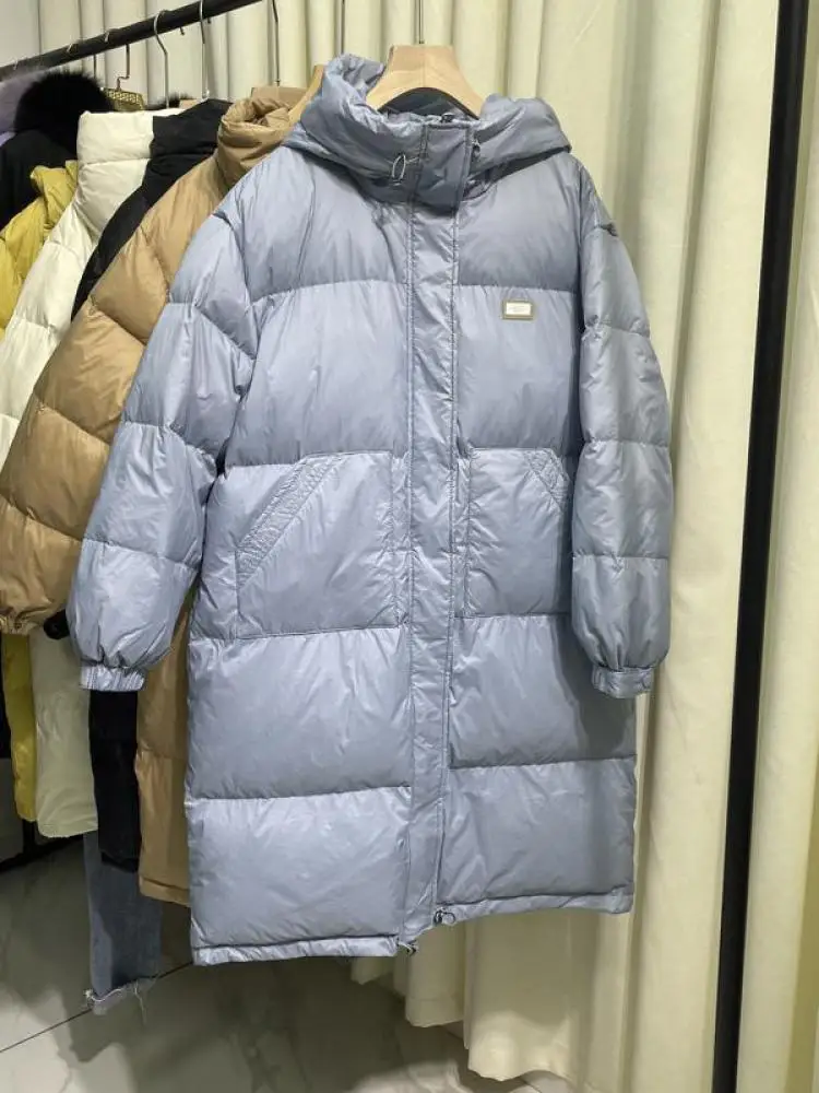 Winter Long Down Jacket Women Fashion Zipper Thick White Duck Down Loose Korean Hooded Bread Puffer Coat Snow Outwear