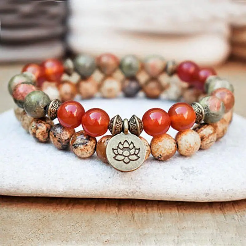 

Lotus Pendant Agate Bracelet Natural Flower Green Stone Line Beaded Hand String for Men Women Fashion Bracelet 1 set