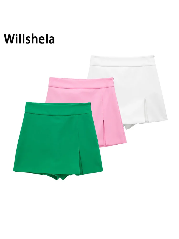 

Женские модные однотонные мини-юбки Willshela с разрезом спереди и боковой молнией, винтажные женские шикарные шорты с высокой талией