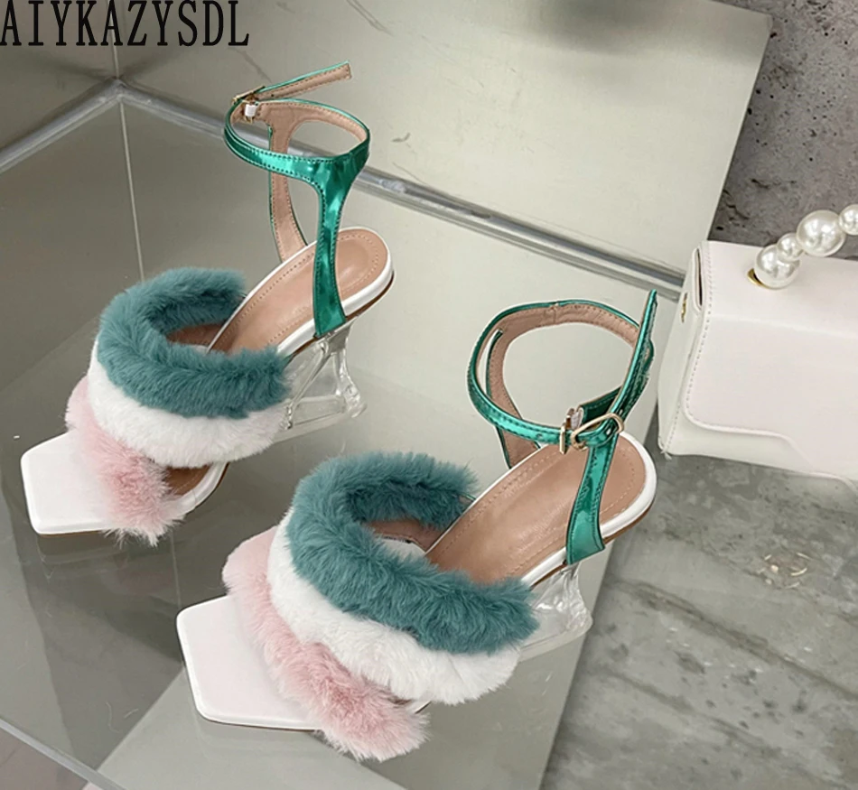 

AIYKAZYSDL 2022 Autumn Summer Feather Pluffy Fur Shoes Ankle Strap Clear Transparent Strange High Heel Mixed Color Mules Shoes