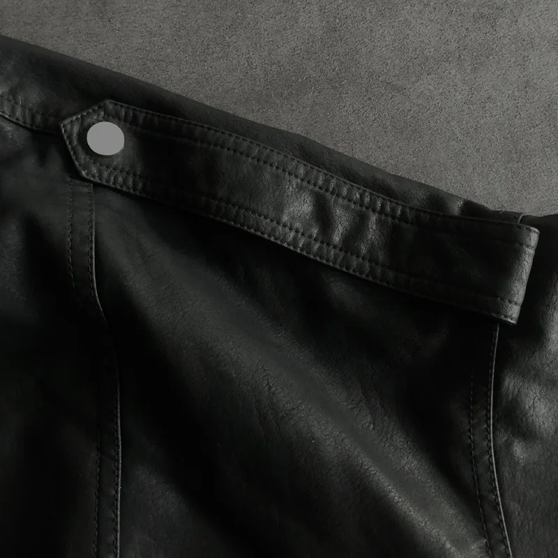 2023 autumn new version of stand-up collar large pocket leather jacket women's motorcycle short style washed leather jacket