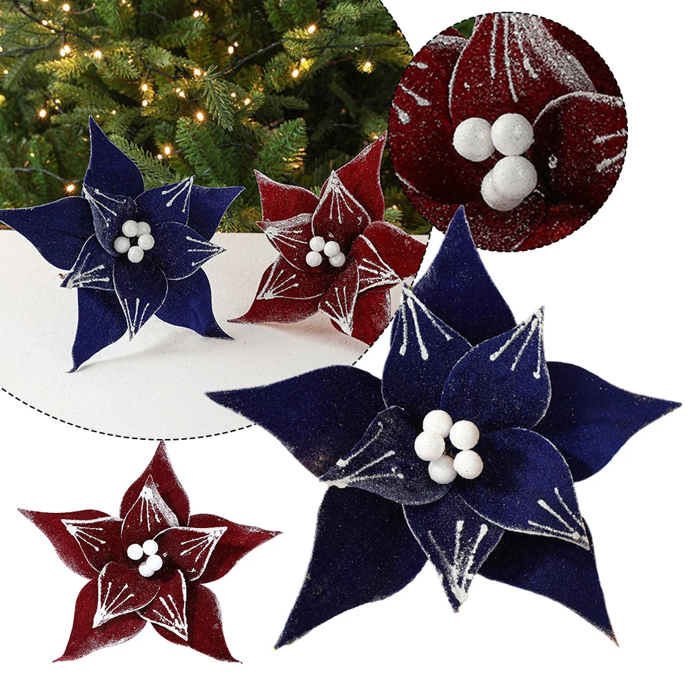 

Christmas Poinsettia Glitter Flower Xmas Tree Glitter Hanging Decoration 2024 New Year Home Navidad Fake Flower Pendant