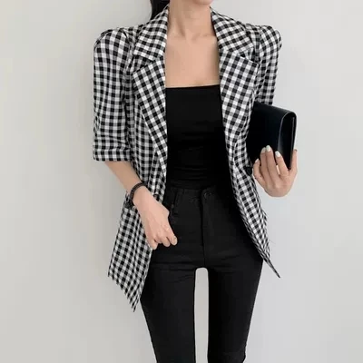 

Plaid Suit Jacket Women'ssummer Thin Section Loose Casual Temperament Short-sleeved Small Suit Korean Version All-match Top
