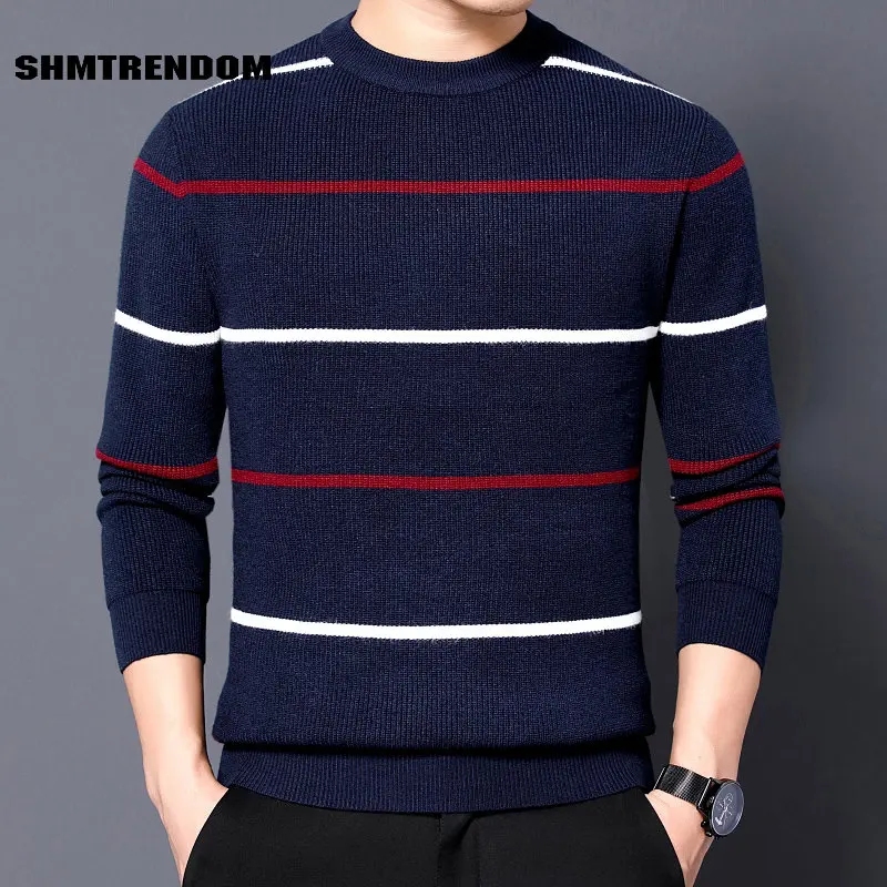 

SHMTRENDOM Knitted Men's Sweaters Luxury Spring Autumn Striped Round Collar Long Sleeve Casual Pullovers Male Sweaters Plus Size