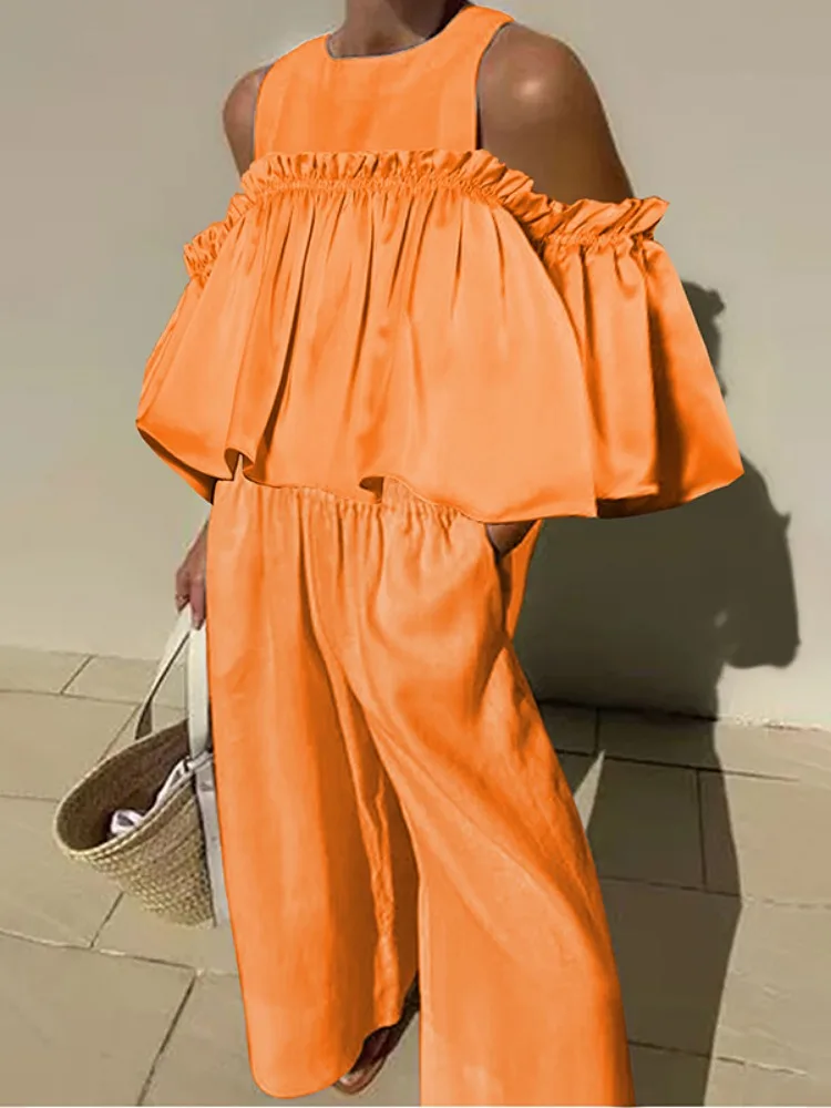 Свободная Женская футболка свободного кроя с открытыми плечами и оборками